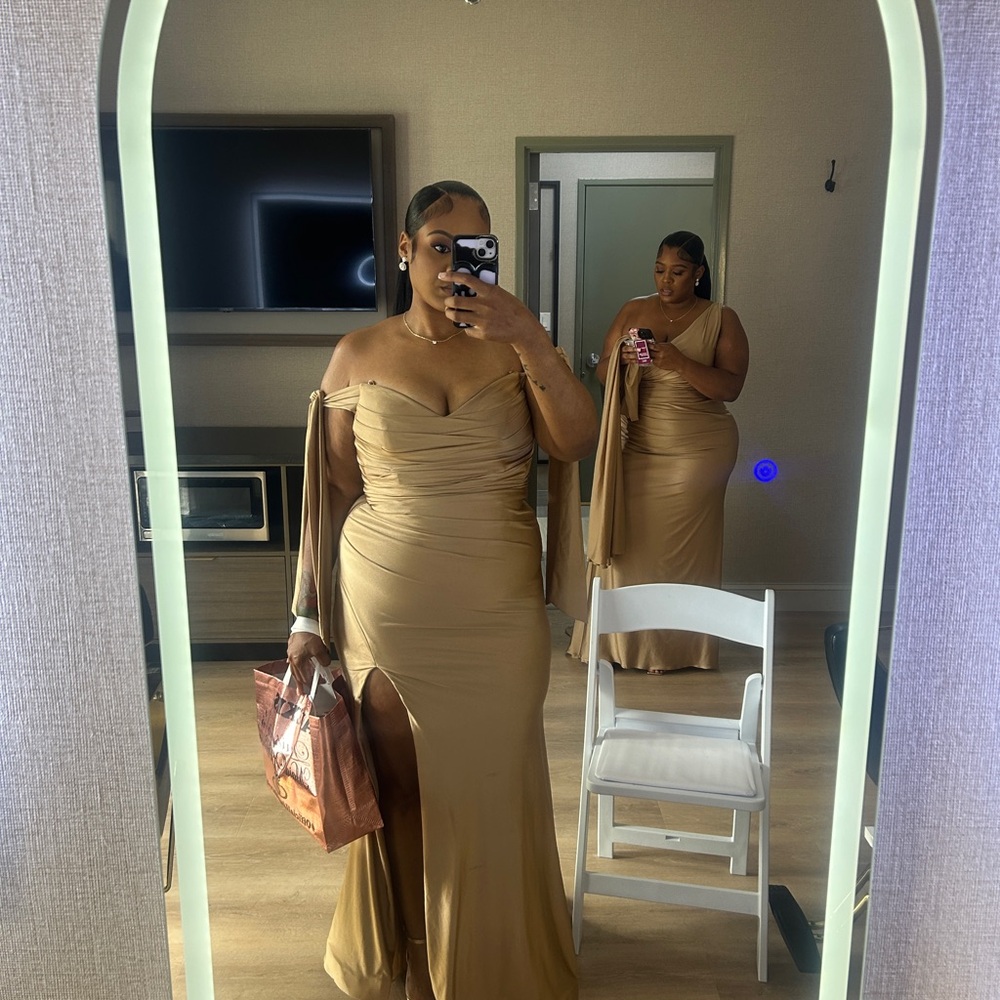Elegant Tan Off-Shoulder Evening Gown